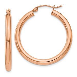 3mm, 14k Rose Gold Polished Round Hoop Earrings, 30mm (1 1/8 Inch)